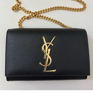 SAINT LAURENT YSL black Kate small embossed-leather shoulder bag / gold chain